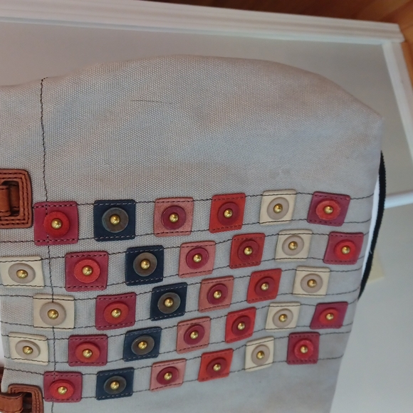 Fossil Taupe Canvas Embellished Circles Squares Tote Bag - Picture 3 of 16